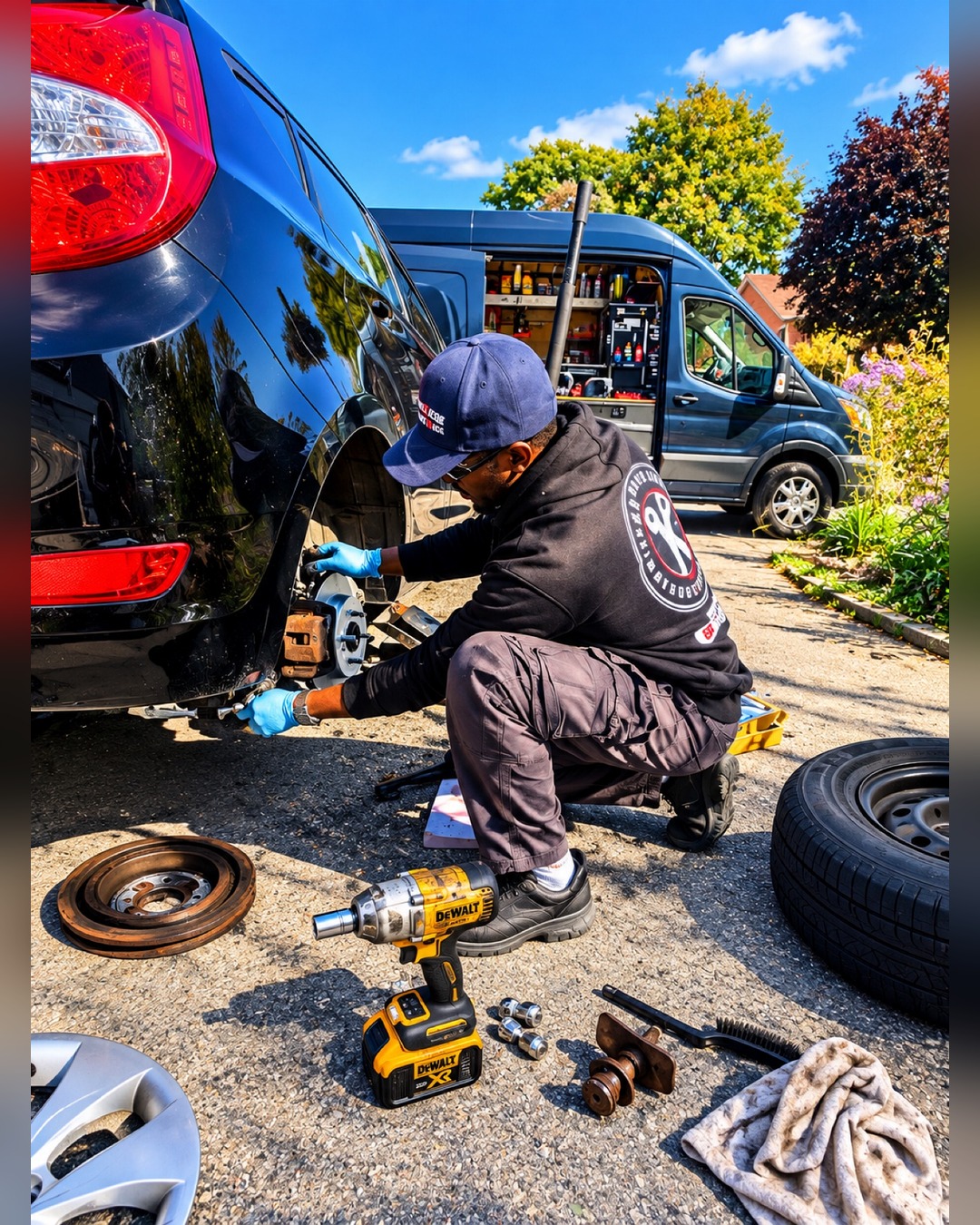 Hyundai Accent brake pads and rotors replaced in the customer's driveway